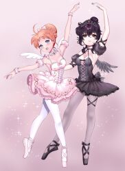 Rule 34 | 2girls, ahiru (princess tutu), ballerina, ballet, ballet slippers, black dress, black hair, black tiara, black wings, blue eyes, breasts, cherry cheezy, choker, cleavage, corset, detached sleeves, dress, glitter, hair bun, hair ribbon, hand up, highres, lace, lace choker, lace trim, light blush, light smile, medium breasts, multiple girls, open mouth, orange hair, outstretched arms, pantyhose, pink dress, princess tutu, red eyes, ribbon, rue (princess tutu), simple background, tiara, updo, white wings, wings, wrist cuffs