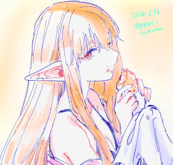 Rule 34 | 1girl, bare shoulders, black bra, bra, commentary request, dated, eating, elf, food, food on face, holding, holding food, long hair, looking at viewer, orange background, orange eyes, orange hair, pointy ears, serie (sousou no frieren), solo, sousou no frieren, twitter username, underwear, yuri kyanon