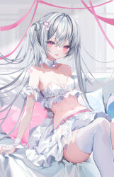 Rule 34 | 1girl, bandaid, bandaid on shoulder, blush, breasts, collarbone, crop top, detached collar, frilled skirt, frills, grey hair, hair between eyes, hair ornament, heart, heart hair ornament, heart-shaped pillow, highres, long hair, looking at viewer, midriff, moemoepiano, navel, open mouth, original, pillow, pink eyes, shirt, sitting, skirt, small breasts, solo, thighhighs, twintails, white shirt, white thighhighs