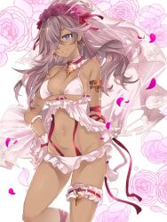 1girl armband bad_id bad_twitter_id bikini blue_eyes breasts bridal_veil choker cinderella_(sinoalice) cleavage dark-skinned_female dark_skin earrings garter_belt gloves grin hair_over_one_eye hoop_earrings jewelry large_breasts long_hair looking_at_viewer navel parted_lips petals pink_hair ponytail ribbon rose_petals shiro_snow simple_background sinoalice smile swimsuit veil wavy_hair white_gloves