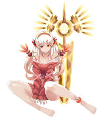 Rule 34 | 1girl, ahoge, anklet, armcho, bare legs, bare shoulders, barefoot, blonde hair, dress, full body, grin, hairband, jewelry, leone (million arthur), long hair, looking at viewer, million arthur (series), red eyes, sleeves past wrists, smile, solo, sweater, sweater dress, v arms, weapon, white background