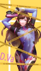 Rule 34 | 1girl, ;), animal print, armor, arms up, bodysuit, breasts, brown eyes, brown hair, caution tape, closed mouth, contrapposto, covered navel, cowboy shot, d.va (overwatch), facepaint, facial mark, gloves, gun, handgun, headphones, high collar, holding, holding gun, holding weapon, lipstick, long hair, looking at viewer, makeup, one eye closed, overwatch, overwatch 1, pauldrons, pilot suit, pink lips, rabbit print, sang nya, shoulder armor, shoulder pads, small breasts, smile, solo, standing, thigh gap, thigh strap, turtleneck, weapon, whisker markings, white gloves