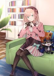 Rule 34 | 1girl, :3, absurdres, black bow, blue eyes, blurry, blurry foreground, blush, book, bookshelf, bow, breasts, brown hair, center frills, closed mouth, commentary request, controller, couch, cropped jacket, debidebi debiru, dress, floral print, frilled dress, frills, full body, game controller, hair ornament, hairclip, hands up, hat, highres, holding, holding controller, indoors, long sleeves, looking at viewer, medium hair, nijisanji, on couch, pantyhose, pillow, pink bow, plaid, plaid bow, shirt, sitting, solo, striped bow, striped clothes, striped dress, striped pantyhose, stuffed toy, suzuhara lulu, vertical-striped clothes, vertical-striped pantyhose, virtual youtuber, white shirt, wooden floor, x hair ornament, yua (bokubo0806)