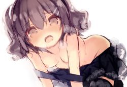 Rule 34 | 1girl, all fours, black skirt, black thighhighs, blush, breasts, brown eyes, brown hair, hair between eyes, hair ornament, hairclip, heavy breathing, kurasuke, long hair, looking at viewer, nipples, open mouth, simple background, sketch, skirt, small breasts, solo, tareme, thighhighs, wavy hair, white background