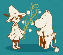 Rule 34 | 1boy, apron, blue background, boots, cloak, cross-laced footwear, flower, full body, hat, hat feather, holding, holding flower, lace-up boots, limited palette, male focus, moomin, moomintroll, nonana (mikudrop), short hair, simple background, smile, snufkin, waist apron