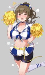 Rule 34 | 1girl, ahoge, belt, bike shorts, black shorts, blush, boots, bow, breasts, brown eyes, brown hair, cheerleader, cleavage, commentary, crop top, hair bow, holding, holding pom poms, idolmaster, idolmaster shiny colors, knee boots, kuwayama chiyuki, large breasts, long hair, looking at viewer, midriff, mitsukazu (nijigen complex), navel, open mouth, pom pom (cheerleading), pom poms, ponytail, short sleeves, shorts, shorts under skirt, skirt, smile, solo, sweat, white footwear