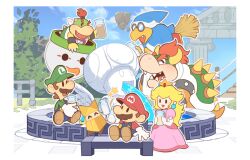 Rule 34 | 2girls, 5boys, ^ ^, armlet, bandana, blonde hair, blue headwear, blue pants, blue sky, border, bottle, bowser, bowser jr., bracelet, broom, broom riding, brothers, brown footwear, brown hair, claws, closed eyes, cloud, crown, day, dress, drink, earrings, facial hair, fang, father and son, fence, floating island, fountain, full body, glass bottle, glasses, gloves, green headwear, green shirt, hat, holding, holding bottle, horns, hoshikuzu pan, jewelry, junior clown car, kamek, long hair, long sleeves, luigi, mario, mario (series), multiple boys, multiple girls, mustache, nintendo, olivia (paper mario), open mouth, outdoors, overalls, pants, paper mario, paper mario: the origami king, pillar, pink dress, princess peach, puffy short sleeves, puffy sleeves, red hair, red headwear, red shirt, sharp teeth, shell, shirt, shoes, short hair, short sleeves, siblings, sitting, sky, smile, solid oval eyes, sphere earrings, spiked armlet, spiked shell, spiked tail, spikes, standing, statue, tail, teeth, temple, toad (mario), tree, turtle shell, water, white bandana, white border, white gloves