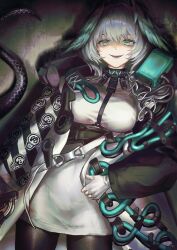 Rule 34 | 1girl, arknights, between breasts, black pantyhose, breasts, coat, dress, feathered wings, fingerless gloves, gloves, green eyes, grey hair, hair between eyes, head wings, highres, ho&#039;olheyak (arknights), infection monitor (arknights), large breasts, long coat, long hair, long sleeves, long tail, looking at viewer, open clothes, open coat, open mouth, pantyhose, pencil dress, smile, snake tail, solo, strap between breasts, tail, teeth, tsugu0302, upper teeth only, white dress, white gloves, wings