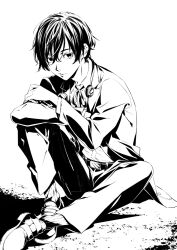 Rule 34 | 1boy, belt, closed mouth, collared shirt, commentary request, earphones, elbow rest, full body, gekkoukan high school uniform, greyscale, hair between eyes, highres, jacket, knee up, long sleeves, looking at viewer, male focus, monochrome, neck ribbon, open clothes, open jacket, pants, persona, persona 3, ribbon, saeki shun, school uniform, shirt, shoes, short hair, sitting, socks, solo, yuuki makoto (persona 3)