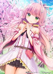 Rule 34 | 1girl, bare shoulders, blue sky, breasts, cherry blossoms, cloud, detached sleeves, green eyes, heart, long hair, looking at viewer, natsumi, official art, outdoors, pink hair, shinkai no valkyrie, sky, small breasts, smile, solo, standing, steepled fingers, tree, watermark