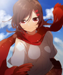 Rule 34 | 1girl, bad id, bad pixiv id, breasts, brown hair, gotou (108107), hair ornament, hairclip, kagerou project, long hair, looking at viewer, red scarf, scarf, school uniform, solo, tateyama ayano