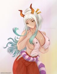 Rule 34 | 1girl, arachnart, armpits, bare shoulders, breasts, closed mouth, highres, horns, large breasts, long hair, nipple slip, nipples, one piece, tagme, white hair, yamato (one piece), yellow eyes