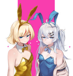 Rule 34 | 2girls, absurdres, ahoge, animal ears, bare shoulders, blonde hair, blue bow, blue eyes, blue leotard, borrowed character, bow, breasts, closed mouth, detached collar, fake animal ears, hair between eyes, hair ornament, hairclip, heart, highres, leotard, long hair, looking at viewer, medium hair, multiple girls, off shoulder, one side up, original, playboy bunny, rabbit ears, shenqi xiaohuang, small breasts, smile, upper body, yellow bow, yellow leotard