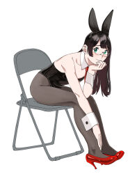 Rule 34 | 1girl, alternate costume, animal ears, aqua eyes, bare shoulders, black hair, black leotard, black pantyhose, breasts, commentary request, detached collar, fake animal ears, full body, high heels, highleg, highleg leotard, highres, kantai collection, leotard, looking at viewer, necktie, ojipon, on chair, ooyodo (kancolle), pantyhose, playboy bunny, red footwear, red necktie, semi-rimless eyewear, shoulder strap, simple background, sitting, small breasts, solo, strap, white background, wrist cuffs