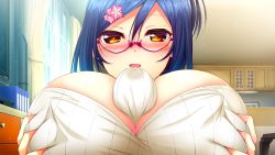 Rule 34 | 1girl, blue hair, blush, grabbing another&#039;s breast, breasts, cherry blossoms, cleavage, cleavage cutout, clothing cutout, covered erect nipples, game cg, giga (company), glasses, grabbing, huge breasts, kagami suzuha, long hair, looking at viewer, nironiro, open mouth, paizuri, paizuri under clothes, penis, pink-framed eyewear, ren&#039;ai phase, semi-rimless eyewear, smile, solo focus, under-rim eyewear, yellow eyes