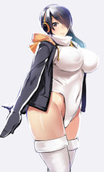 Rule 34 | 10s, 1girl, black hair, breasts, brown eyes, closed mouth, covered erect nipples, covered navel, emperor penguin (kemono friends), grey background, hair over one eye, headphones, hood, hoodie, kemono friends, large breasts, leotard, long hair, looking at viewer, multicolored hair, open clothes, open hoodie, orange hair, puffy nipples, simple background, smile, solo, standing, strapless, strapless leotard, streaked hair, takamura wamu, thighhighs, thighs, turtleneck, white leotard, white thighhighs