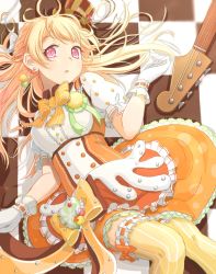Rule 34 | 1girl, :o, bang dream!, blonde hair, bow, bowtie, buttons, checkered background, double-breasted, earrings, electric guitar, food, frilled gloves, frilled thighhighs, frills, gloves, guitar, hair ribbon, half updo, hat, high-waist skirt, instrument, jewelry, long hair, looking at viewer, lying, macaron, nasubi (1ra1ri1ko2cho1mi2na), on back, orange ribbon, orange skirt, orange thighhighs, pink eyes, ribbon, ribbon-trimmed gloves, ribbon trim, shirasagi chisato, skirt, solo, striped bow, striped bowtie, striped clothes, striped headwear, striped neckwear, thighhighs, white gloves, white ribbon, yellow bow, yellow bowtie