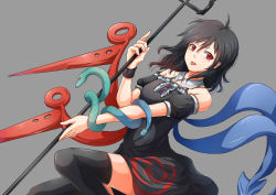 Rule 34 | 1girl, adapted costume, ahoge, asymmetrical wings, bare shoulders, black dress, black hair, black thighhighs, dress, grey background, highres, hip focus, houjuu nue, looking at viewer, polearm, red eyes, short dress, short hair, simple background, snake, solo, suo niao, thighhighs, thighs, tongue, tongue out, touhou, trident, weapon, wings, wrist cuffs