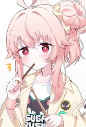 Rule 34 | 1girl, ahoge, blue archive, blush, bright pupils, drumsticks, food, food in mouth, hair bun, hair ornament, hair scrunchie, halo, highres, holding, holding food, holding pocky, hyemong, jacket, long sleeves, natsu (blue archive), pink hair, pocky, pocky in mouth, red eyes, scrunchie, shirt, side ponytail, single side bun, white pupils, white shirt, wristband, yellow jacket, yellow scrunchie