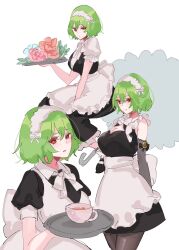 Rule 34 | apron, breasts, cleavage, closed mouth, commentary, cup, elbow gloves, flower, gloves, green hair, highres, holding, holding tray, holding umbrella, kazami yuuka, large breasts, looking at viewer, maid, maid headdress, multiple views, petticoat, pink flower, red eyes, short hair, short sleeves, simple background, tohoyuukarin, touhou, tray, umbrella, white apron, white background, white umbrella