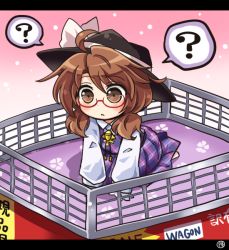 Rule 34 | 1girl, ahoge, basket, black hat, bow, brown eyes, brown hair, chibi, full body, glasses, hat, hat bow, letterboxed, low twintails, open mouth, plaid, pote (ptkan), ribbon, school uniform, shirt, short hair, skirt, solo, touhou, twintails, usami sumireko