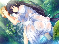 Rule 34 | 1girl, barefoot, black hair, blush, bucket, day, dutch angle, from behind, game cg, long hair, looking at viewer, low-tied long hair, marushin (denwa0214), nature, outdoors, partially submerged, purple eyes, see-through, shallow water, soles, solo, squatting, supokon! sports wear complex, terashima madoka, water, wet, wet clothes