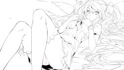 Rule 34 | 1girl, chiyu k, derivative work, greyscale, hatsune miku, headset, highres, lineart, long hair, looking at viewer, lying, monochrome, on back, panties, pantyshot, solo, thighhighs, twintails, underwear, vocaloid, world is mine (vocaloid)