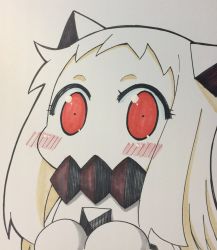 Rule 34 | 10s, 1girl, abyssal ship, blush stickers, close-up, collar, colored pencil (medium), commentary request, covered mouth, dress, highres, horns, kantai collection, long hair, looking at viewer, mittens, northern ocean princess, orange eyes, shikishi, sleeveless, sleeveless dress, solo, traditional media, upper body, white background, white hair, yamato nadeshiko