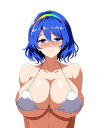 Rule 34 | 1girl, absurdres, bikini, blue eyes, blue hair, blush, breasts, cleavage, closed mouth, commentary request, hairband, highres, korean text, large breasts, looking at viewer, multicolored hairband, simple background, smile, solo, ssaf52913778, swimsuit, tenkyuu chimata, touhou, white background, white bikini