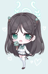 Rule 34 | 1girl, :d, absurdres, airi (blue archive), black hair, blue archive, blue sailor collar, blush, bow, brown footwear, chibi, commentary request, food, food-themed hair ornament, full body, green background, green bow, green eyes, hair ornament, halo, heart, highres, holding, holding food, ice cream, ice cream cone, ice cream hair ornament, loafers, long hair, long sleeves, looking at viewer, open mouth, pleated skirt, puffy long sleeves, puffy sleeves, sailor collar, school uniform, serafuku, shirt, shoes, simple background, skirt, smile, solo, standing, standing on one leg, tandohark, thighhighs, two side up, very long hair, wafer stick, white serafuku, white shirt, white skirt, white thighhighs