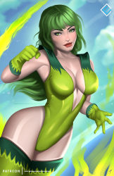 Rule 34 | 1girl, artist name, beatriz da costa, bodysuit, breasts, cleavage, dc comics, evandro menezes (endlesscomics), fire, fire (dc), freckles, gloves, green eyes, green gloves, green hair, green thighhighs, highres, justice league, large breasts, long hair, matching hair/eyes, patreon username, pyrokinesis, smile, solo, thighhighs, watermark, web address