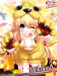 Rule 34 | 1girl, ahoge, alternate costume, angel beats!, animal costume, animal hands, bare shoulders, black thighhighs, blonde hair, blue eyes, blush, bow, candy, character name, checkered floor, commentary request, company name, eyelashes, eyes visible through hair, food, food in mouth, foreshortening, full body, fur-trimmed gloves, fur trim, gloves, grin, hair between eyes, hands up, kneeling, knees together feet apart, leaning forward, lion costume, lips, lollipop, long hair, looking at viewer, one eye closed, paw gloves, paw shoes, pink bow, sekine shiori, shiny skin, smile, solo, spiked hair, star (symbol), star print, straight-on, suspenders, thighhighs, tiptoes, v-shaped eyebrows, very long hair, white fur, white thighhighs, zen (kamuro), zettai ryouiki