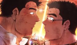 Rule 34 | 2boys, blush, brown hair, close-up, columns ke, couple, crying, crying with eyes open, eye contact, glasses, looking at another, male focus, protagonist 3 (housamo), multiple boys, outdoors, motoori shiro, smile, tears, thick eyebrows, tokyo houkago summoners, toned, toned male, upper body