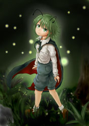 Rule 34 | 1girl, antennae, arms at sides, aura, breasts, cape, dress shirt, fireflies, full body, fuwatoro (enemy-of-society), grass, green eyes, green hair, head tilt, juliet sleeves, knickers, loafers, long sleeves, looking at viewer, looking up, night, outdoors, puffy sleeves, rock, shirt, shoes, short hair, small breasts, smile, socks, solo, touhou, tree, walking, white socks, wriggle nightbug