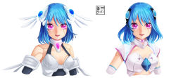 Rule 34 | 1girl, alpha (acerailgun), android, bare shoulders, blue hair, borrowed character, breasts, elbow gloves, eudetenis, gloves, multiple views, original, pink eyes, simple background, small breasts, smile, upper body, variations, white background