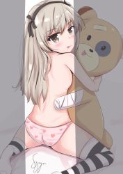Rule 34 | 10s, 1girl, ass, blush, boko (girls und panzer), breasts, brown eyes, girls und panzer, hair ornament, hairband, heart, heart print, looking at viewer, looking back, panties, pink panties, shimada arisu, small breasts, smile, solo, striped clothes, striped thighhighs, stuffed animal, stuffed toy, syyn (syyndev), teddy bear, thighhighs, tongue, underwear, white hair