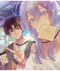 Rule 34 | 1boy, 1girl, 86 -eightysix-, black hair, blush, bread slice, coffee, coffee cup, cup, disposable cup, food, food in mouth, grey eyes, grey hair, highres, holding, holding cup, long hair, long sleeves, looking at viewer, mouth hold, parted lips, red eyes, scar, scar on neck, selfie, shanabi0610, shinei nouzen, shirt, sweater, toast, toast in mouth, train station, v, vladilena millize, white shirt, white sweater