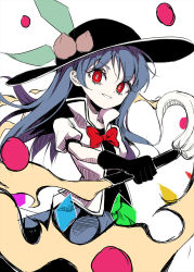 Rule 34 | 1girl, black gloves, black hat, black shirt, blue hair, blue skirt, bow, bowtie, dated commentary, food, fruit, gloves, hat, highres, hinanawi tenshi, holding, holding sword, holding weapon, jacket, leaf, long hair, looking at viewer, neetsr, peach, peach hat ornament, red bow, red bowtie, red eyes, shirt, skirt, slit pupils, smile, solo, sword, sword of hisou, touhou, upper body, weapon, white jacket