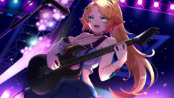 Rule 34 | 1girl, 60mai, aqua eyes, black bra, blonde hair, blue skirt, bra, breasts, choker, cleavage, colored inner hair, commission, crop top, facial mark, fang, freckles, guitar, hair ornament, holding, holding guitar, holding instrument, holding plectrum, indie virtual youtuber, instrument, jewelry, large breasts, microphone, millennium ring, multicolored hair, necklace, obkatiekat, obkatiekat (1st costume), open mouth, pink hair, plectrum, ponytail, skeb commission, skirt, solo, streaked hair, suspender skirt, suspenders, tank top, underwear, virtual youtuber, white tank top, yu-gi-oh!, yu-gi-oh! duel monsters