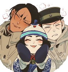 Rule 34 | 1girl, 2boys, ainu, ainu clothes, black hair, black headwear, blush, buttons, child, closed eyes, closed mouth, coat, collared coat, commentary request, dark-skinned male, dark skin, enonoka, facial hair, facing viewer, gloves, golden kamuy, grey coat, grey gloves, hat, hood, hood down, hooded coat, imperial japanese army, kepi, koito otonoshin, komarou (4km ro), long sleeves, medium hair, military, military hat, military uniform, mittens, multiple boys, open mouth, parted bangs, short hair, simple background, smile, star (symbol), stubble, tsukishima hajime, two-tone headwear, uniform, upper body, white background, wide sleeves, winter clothes