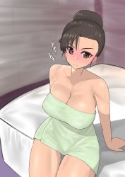 Rule 34 | 1girl, arm support, asymmetrical bangs, blush, breasts, brown eyes, brown hair, girls und panzer, hair bun, hair up, highres, large breasts, looking at viewer, mochi (mochiokomet), naked towel, nishi kinuyo, on bed, sitting, solo, sweat, towel