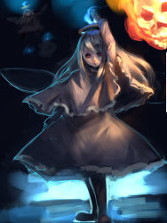 Rule 34 | 1girl, blonde hair, blue fire, capelet, character request, closed mouth, fairy wings, fire, flaming skull, floating hair, grey capelet, grey skirt, halo, hand up, inishie kumo, long hair, long sleeves, looking at viewer, red eyes, shoes, skirt, solo focus, standing, touhou, wings