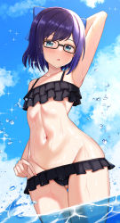Rule 34 | 1girl, :o, a-chan (hololive), absurdres, arm behind head, arm up, armpits, bikini, black bikini, blue bow, blue eyes, blue hair, blue sky, blush, bow, cloud, collarbone, flat chest, frilled bikini, frills, glasses, gluteal fold, groin, hair bow, highres, hololive, navel, nootomo, open mouth, outdoors, short hair, sky, solo, stomach, swimsuit, thighs, virtual youtuber, wading, water, water drop