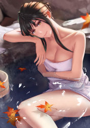 Rule 34 | 1girl, absurdres, arm support, autumn leaves, backlighting, blurry, breasts, brown hair, bucket, collarbone, depth of field, falling leaves, fingernails, hands up, head rest, head tilt, highres, large breasts, leaf, leaning, light particles, lips, long hair, looking at viewer, maple leaf, mole, mole under eye, onsen, orange eyes, original, partially submerged, rock, shiny skin, sidelocks, sitting, smile, solo, towel, water, wet, wooden bucket