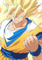 Rule 34 | 1boy, aura, blonde hair, clenched hand, closed mouth, dougi, dragon ball, highres, hirokiku, male focus, muscular, muscular male, simple background, sleeveless, smile, smirk, solo, son goku, spiked hair, super saiyan
