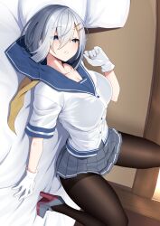 Rule 34 | 1girl, absurdres, black pantyhose, blue eyes, breasts, commentary request, eyes visible through hair, gloves, grey hair, hair between eyes, hair ornament, hairclip, hamakaze (kancolle), high heels, highres, kantai collection, large breasts, looking at viewer, lying, nebusoku, neckerchief, on back, pantyhose, pleated skirt, school uniform, serafuku, short hair, short sleeves, skirt, solo, white gloves
