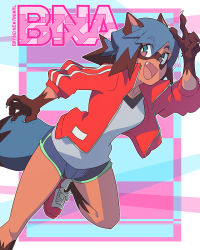Rule 34 | 1girl, animal ears, body fur, brand new animal, copyright name, dolphin shorts, fang, foot out of frame, furry, furry female, hand up, highres, jacket, kagemori michiru, long sleeves, open clothes, open mouth, open shirt, raccoon ears, raccoon girl, raccoon tail, red jacket, scott malin, shirt, shorts, smile, solo, tail, track jacket, v, white shirt