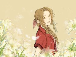 Rule 34 | 1girl, aerith gainsborough, braid, braided ponytail, brown background, brown hair, chocokhrs, falling feathers, feathers, final fantasy, final fantasy vii, final fantasy vii rebirth, final fantasy vii remake, flower, green eyes, hair ribbon, highres, jacket, lily (flower), long hair, parted bangs, parted lips, pink ribbon, red jacket, ribbon, short sleeves, sidelocks, single braid, solo, upper body