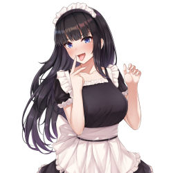 Rule 34 | 1girl, black hair, blue eyes, blunt bangs, blush, breasts, collarbone, cunnilingus gesture, fang, highres, kannko bokujou, large breasts, long hair, looking at viewer, maid, maid headdress, open mouth, original, ribbon, simple background, skin fang, smile, solo, tongue, tongue out, upper body, v, white background