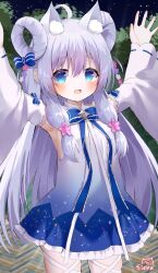 Rule 34 | 1girl, :d, ahoge, animal ear fluff, animal ears, arms up, blue bow, blue dress, blue eyes, blue hair, blush, bow, breasts, commentary request, commission, detached sleeves, dress, flower, flower knight girl, frilled dress, frills, gradient dress, hair between eyes, hair flower, hair ornament, hair rings, highres, long hair, long sleeves, looking at viewer, night, night sky, open mouth, outdoors, pink flower, purple flower, ribbon-trimmed sleeves, ribbon trim, siera (sieracitrus), signature, skeb commission, skindentation, sky, sleeveless, sleeveless dress, sleeves past wrists, small breasts, smile, solo, standing, star (sky), starry sky, striped, striped bow, sutera (flower knight girl), very long hair, white dress, white flower, wide sleeves